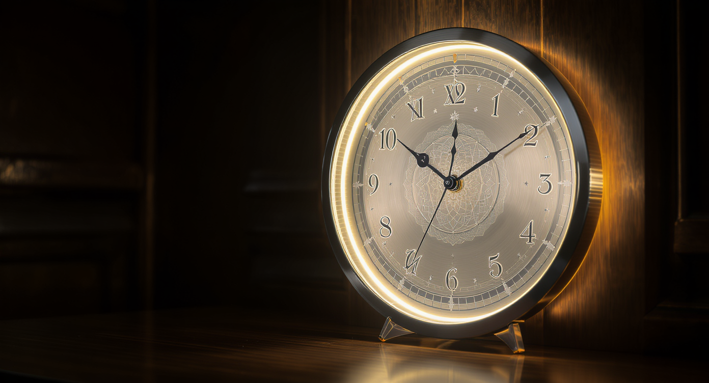Heures miroirs affichées sur une horloge avec symboles spirituels